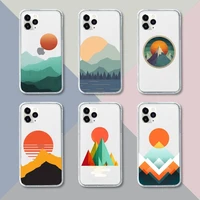 art painting mountain sun print phone case transparent for iphone 13 12 11 pro mini xs xr x max 5 6 s 7 8 plus soft bags