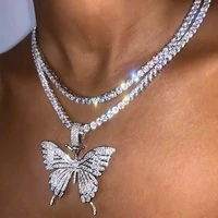statement big butterfly pendant necklace rhinestone chain for women bling tennis chain crystal choker necklace party jewelry