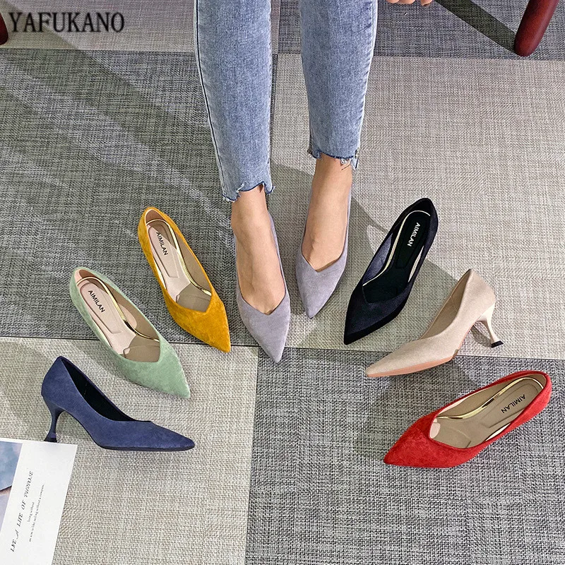 

Fashion V Design Pointed Toe High Heels Colorful Thin Heels Pumps Solid Flock Women Shoes Big Small Size Brand Lady Shoes 34-41