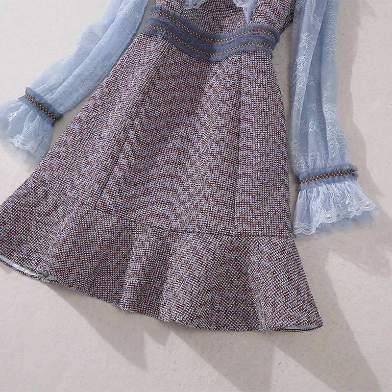 

VERDEJULIAY Designer Fashion Autumn Dress Women's Long Lantern Sleeve Lace Ruffles Plaid A-Line Mini Party Holiday Dresses