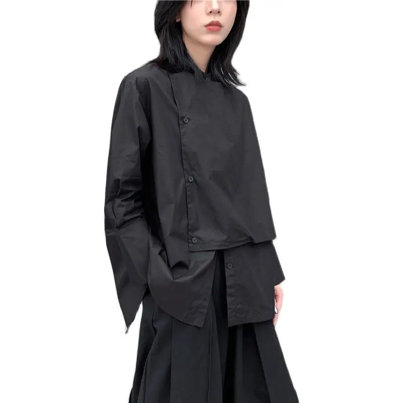 

LANMREM 2021 Autumn Double Layer Turn-down Collar Loose Black Side Single-breasted Long-sleeved Black Shirt For Women 2A2500