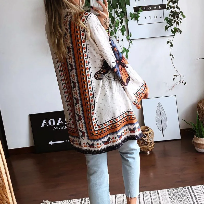 

New Fashion Women's Summer Butterfly Print Sexy Deep V-Neck Long Sleeve Mini Dress Ladies Casual Beach Loose Bandage Dresses