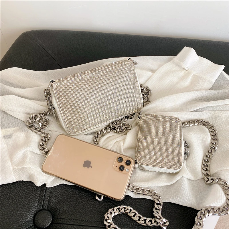 

Luxury Brand Silver Thick Chain Mini Crossbody Bag For Women Shinny Diamond Necklack Purse High Quality Evening Party Pouch 2021