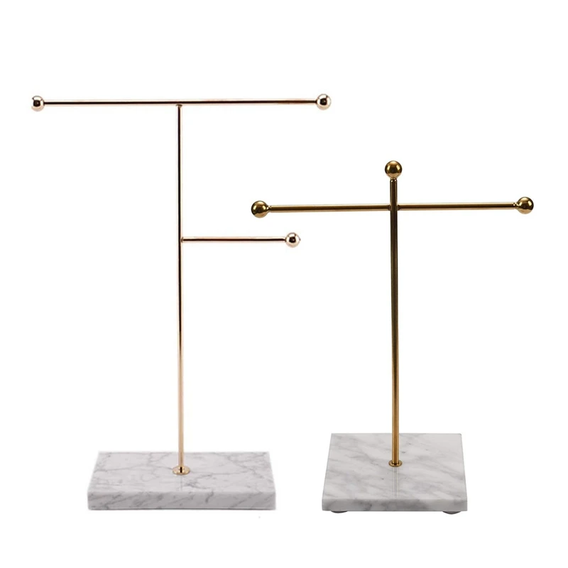 

2 Pcs Gold Storage Shelf With Marble Base Fashion Ins Modern Jewelry Ring Necklace Earrings Metal Display Stand, B & A