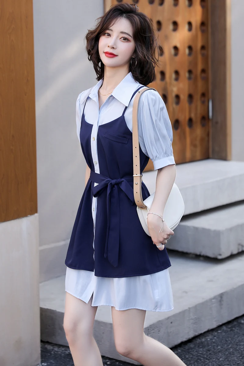 

2021 summer new style Korean fashion temperament age-reducing shirt fake two-piece chiffon dress women
