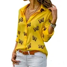 Женская рубашка с принтом бабочек, Повседневная Блузка с V-образным вырезом и длинным рукавом, блузка с отложным воротником на пуговицах, рубашки, женская одежда на весну