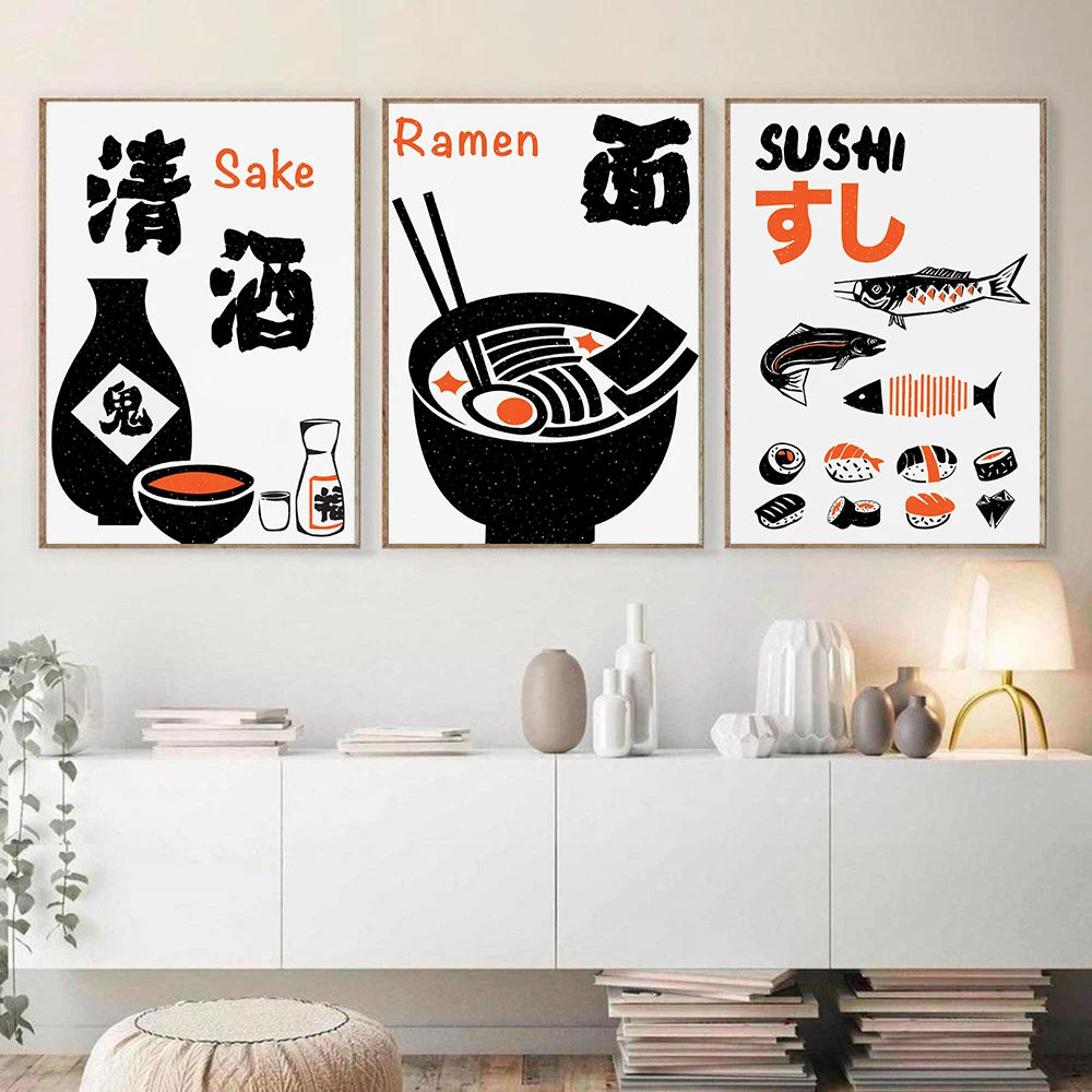 

Retro Japanese Food Prints and Posters Suchi Sake Ramen Noodles Canvas Painting Black&White Kitchen Wall Art Picture Decoration