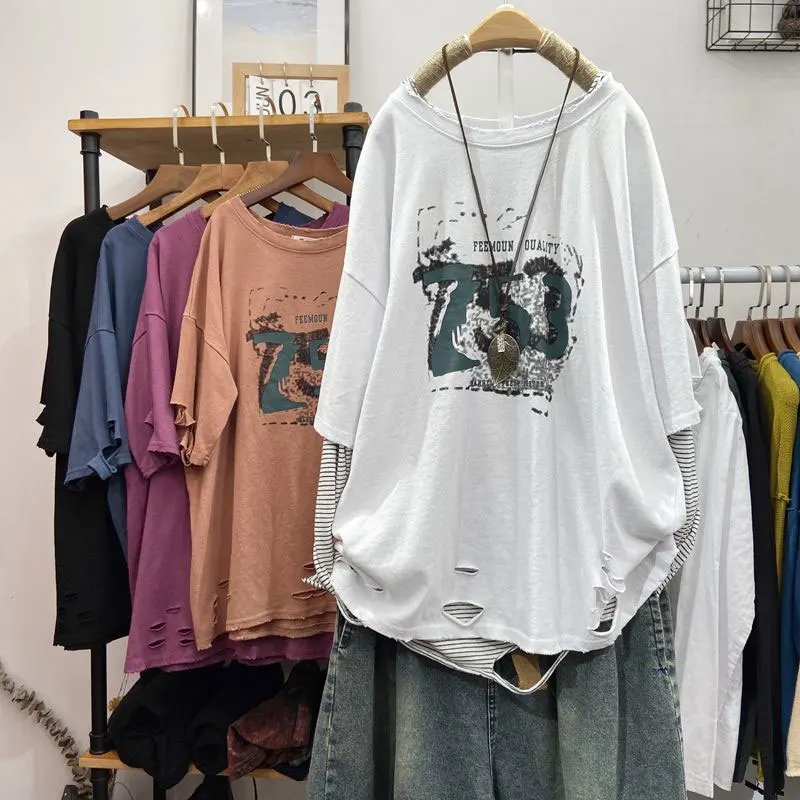 Женская футболка с коротким рукавом круглым вырезом и принтом из натурального