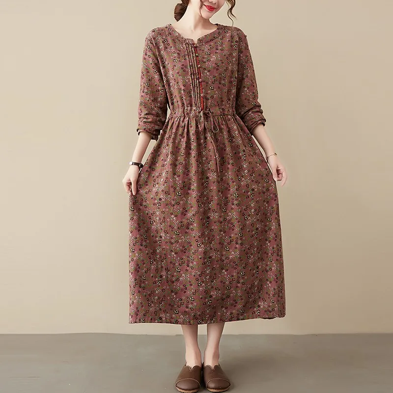 

Женское Элегантное Длинное платье А-силуэта, новинка 2021, Осенние винтажные Стильные Свободные повседневные платья из хлопка и льна с цветоч...