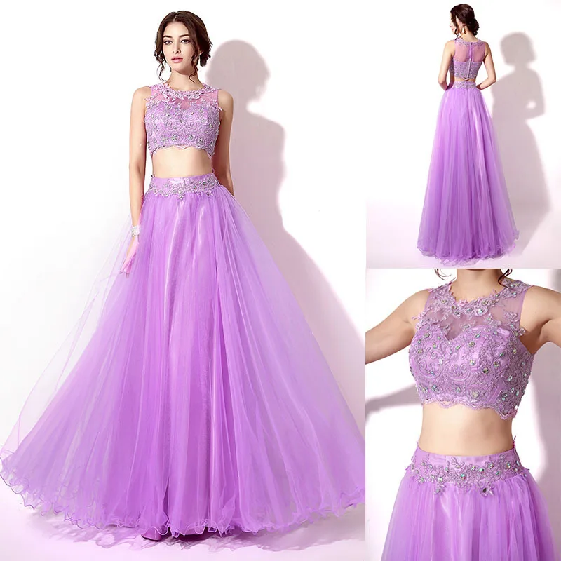 

O-Neck 2 Pieces Evening Gowns Lace Appliques A Line Lavender Homecoming Dresses Beaded Tulle Formal Party Robes