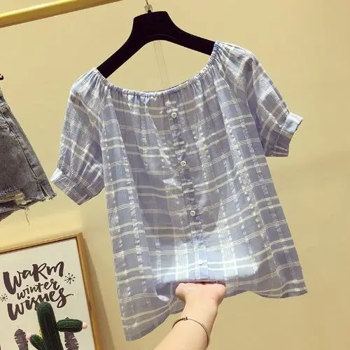 

Women 2021 Summer Chic Chiffon O-neck Blouse Tops Sweet Short Puff Sleeve Causal Plaid Shirts Female Fashion Loose Blouse L263