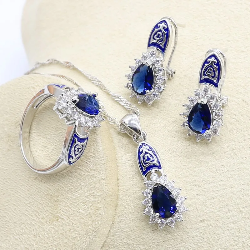 Серебряный набор украшений для женщин темно-синий циркон браслет серьги-кольца