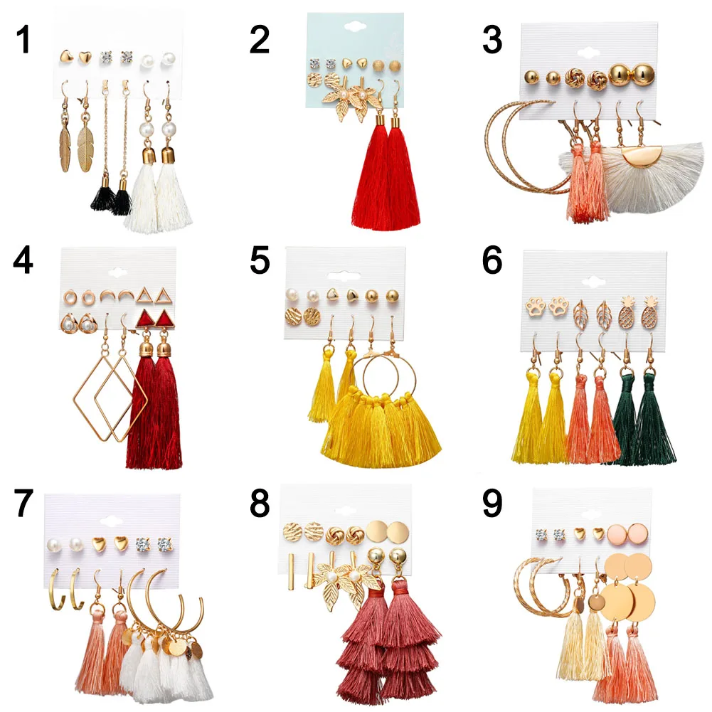 Набор женских серег-колец с кисточками и длинными | Украшения аксессуары