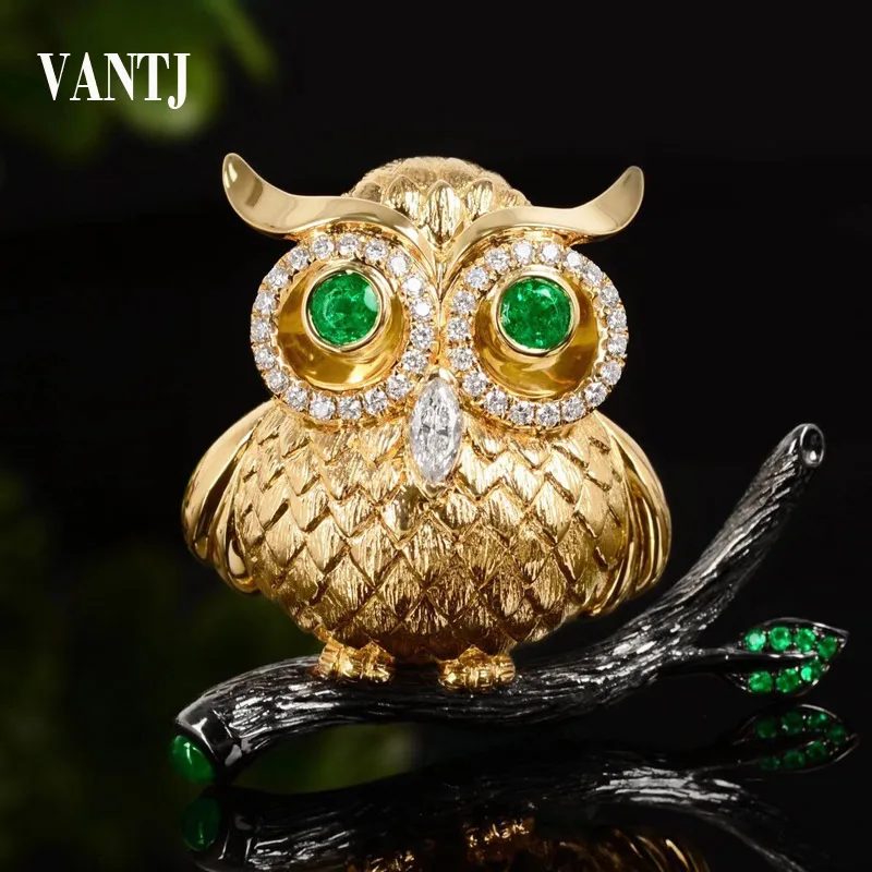 

VANTJ Real Natural Emerald Owl Brooch Sterling 10K Yellow Gold Colombia Emerald Moissanite Fine Jewelry Women Party Wedding Gift