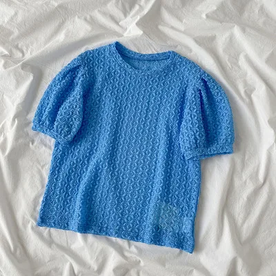 

Chic Summer Autumn New High Quality Korean Elegant Sexy Cutout Lace Floral Women T-Shirt Puff Sleeves Top Blouse