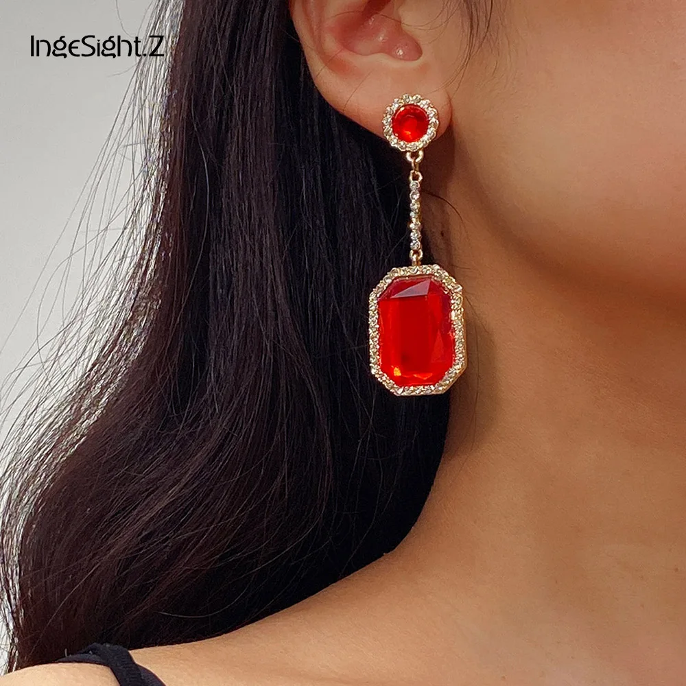 

IngeSight.Z Shiny Red Color Rhinestone Geometri Square Drop Dangle Earrings Luxury Crystal Hanging Earrings for Women Jewelry