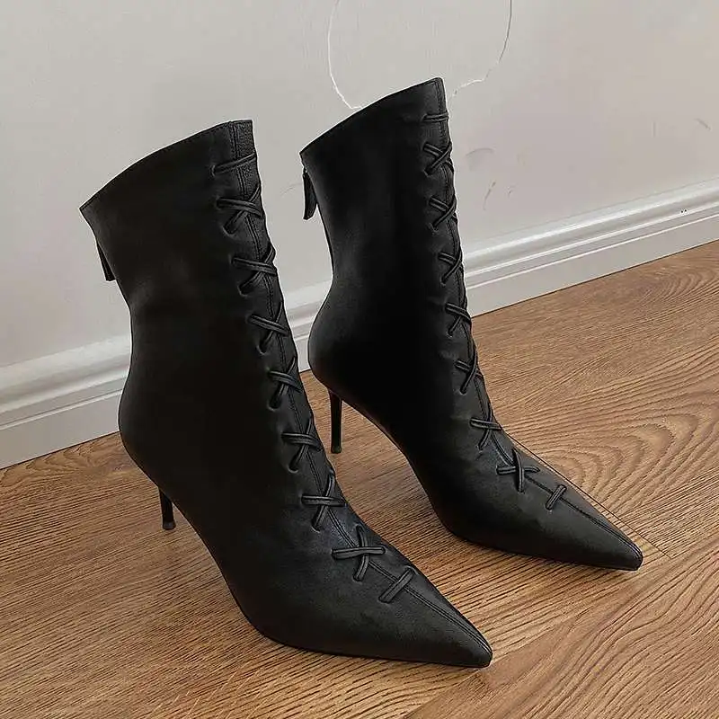 

Lanxuryee hot sheep leather pointed toe thin high heel winter shoes European style young lady mature elegant mid-calf boots L18