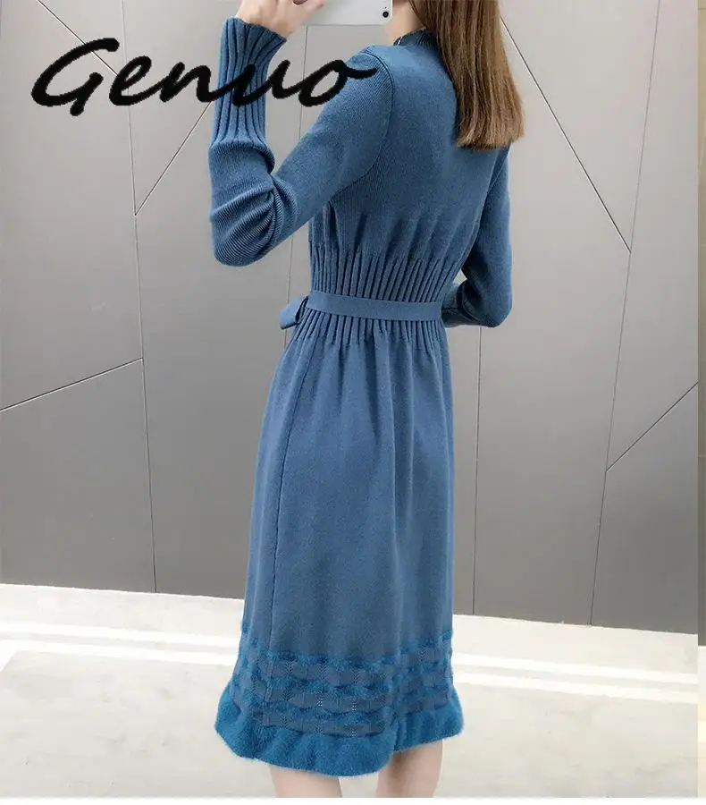 

Sweet Hem Velvet Trim Knitted Dress 2019 Autumn Winter Women Long Sleeve Turtleneck Sashes Bow Slim Ladies Graceful OL Clothes