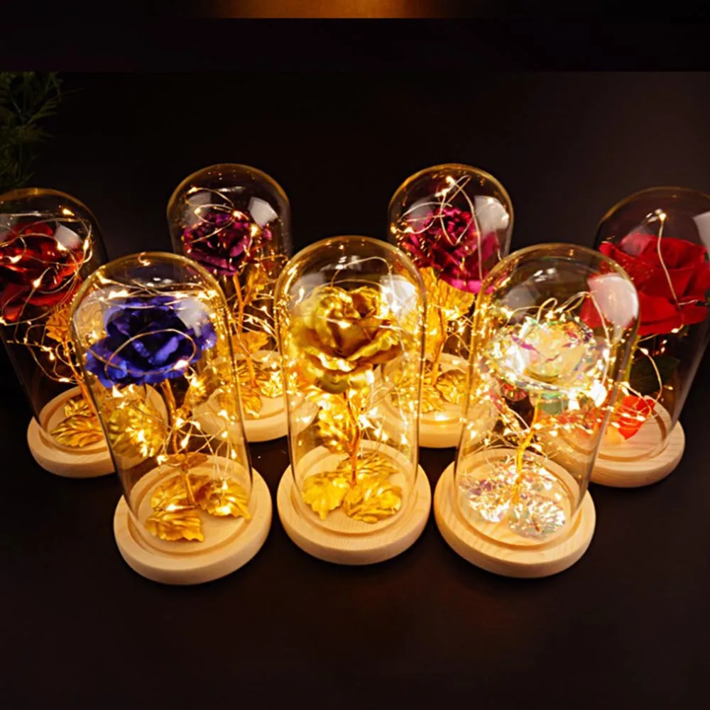 

Beauty Rose Gold-Plated 24K Rose Flower LED Light String Gift Gold Leaf Roses in a Glass Dome Gift Glass Cover