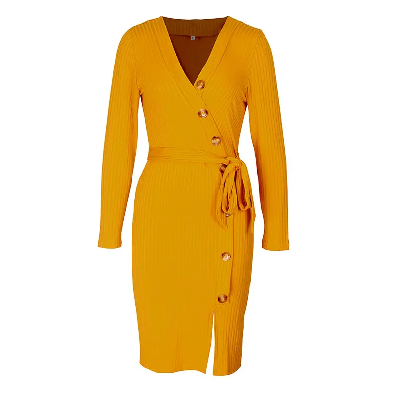 

Elegant Long Sleeve Dress Women Single-breasted Solid Beach Dresses Casual Adjusted Waist Midi Party Dress 2020 Vestidos