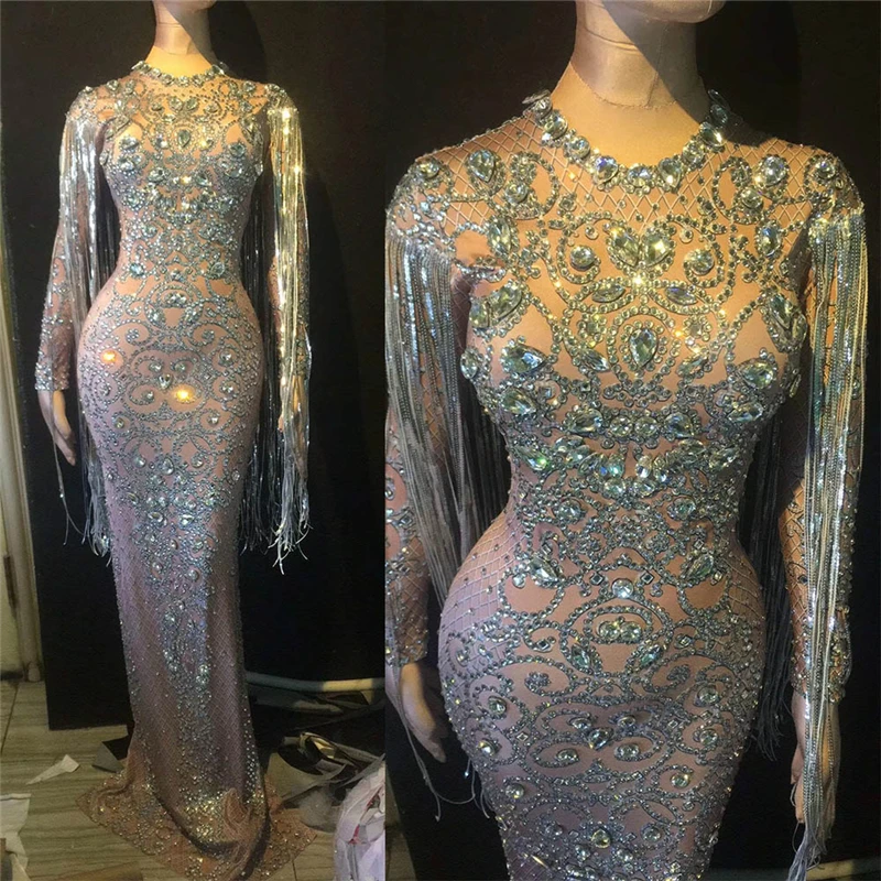 Женское платье с длинными кисточками длиной до пола разрезом для ночного клуба