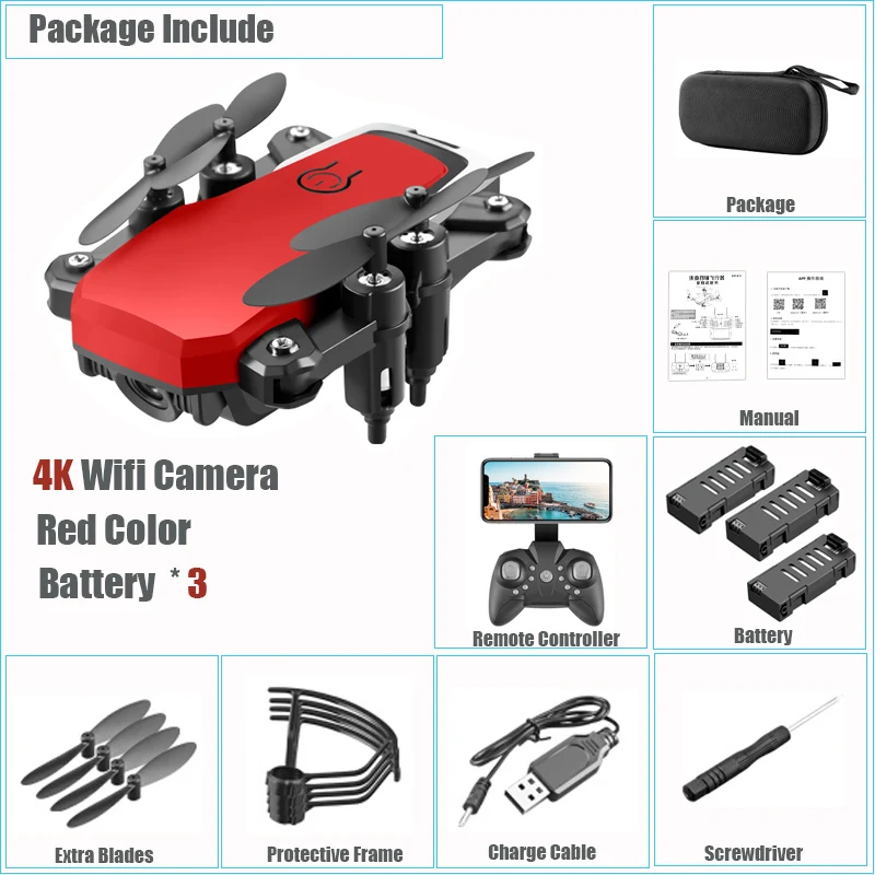 3 Bat 4K Cam Red Мини-Дрон 4K HD камера Wifi Трансмиссия квадрокоптера в реальном времени один ключ возврат RC вертолет Безголовый режим складной Дрон игрушки - Цвет: 3 Bat 4K Cam Red