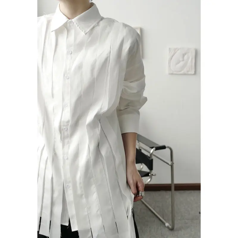 

Men's Wear Deisn White Shirt 2021 New Simple Niche Burrs Patchwsork Long Sleeve Solid Color Vintage Spring Shirt 2021