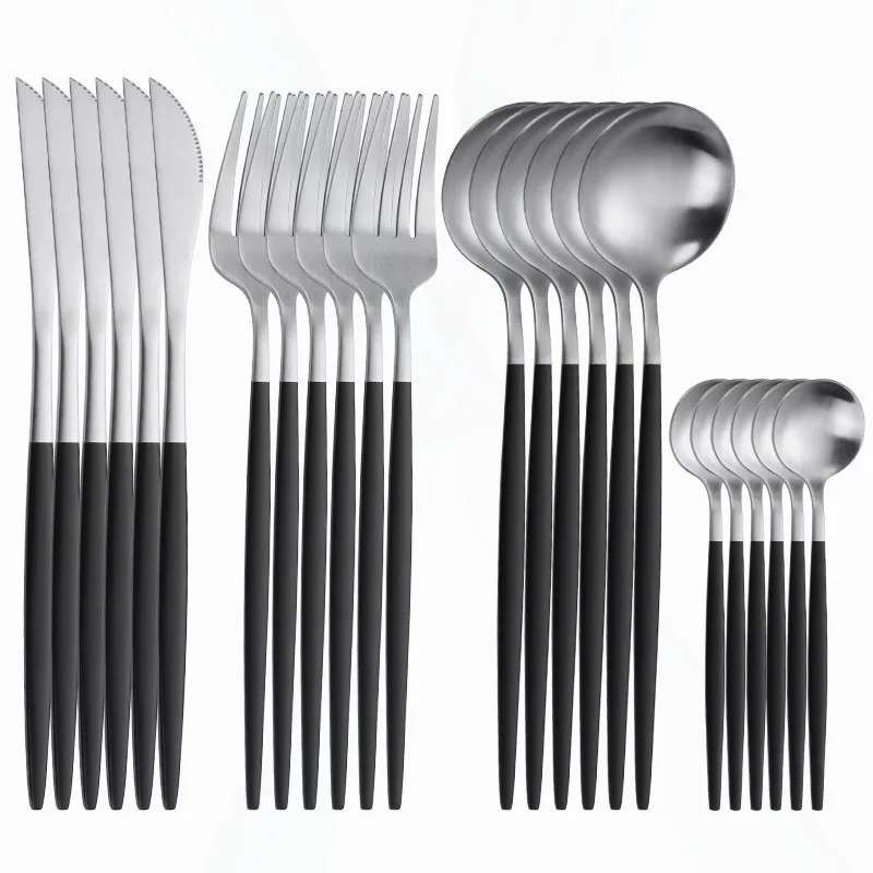 Kitchen Tableware Stainless Steel Cutlery Set 24Pcs Black Dinnerware Set Forks Spoons Knives Matte Black Silver Home Dinner Set