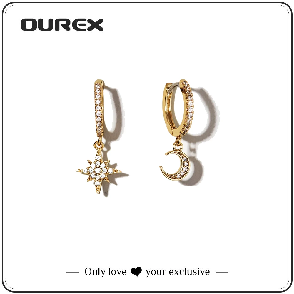 

OUREX New Fashion Gold Color Asymmetry Moon Star Drop Earrings Rhinestone Dangle Earrings for Women Party Jewelry Wholesale