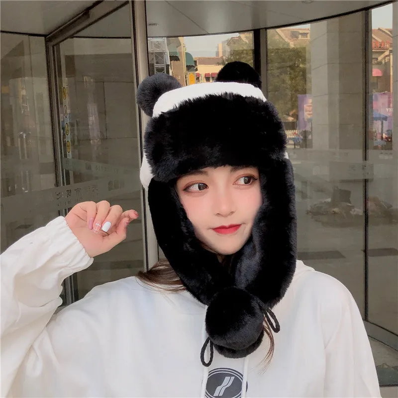 Plush panda ear protector Lei Feng cap warm autumn and winter sweet cycling cute adorable bear ears cold-proof | Аксессуары для