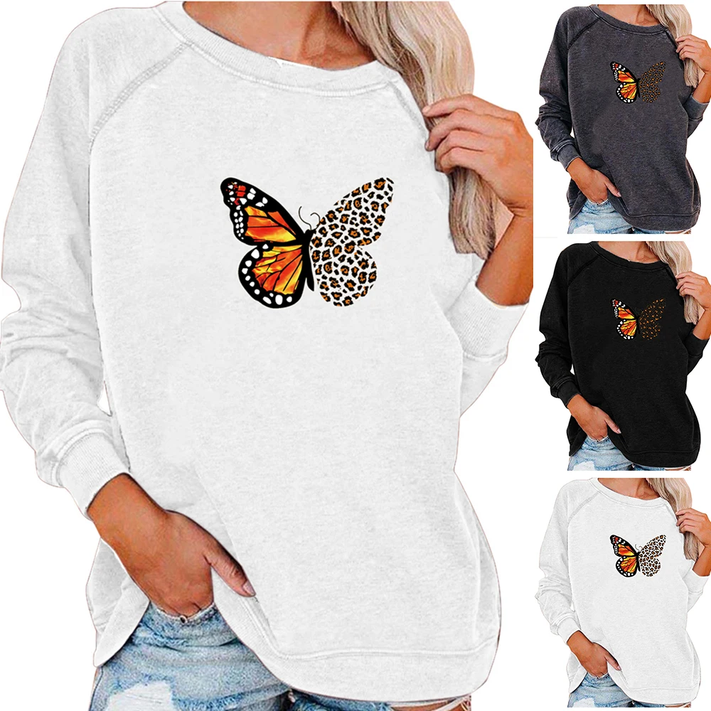 

Женский пуловер с длинным рукавом и принтом бабочки, Осенний белый топ с круглым вырезом, повседневные пуловеры, Свободный свитшот