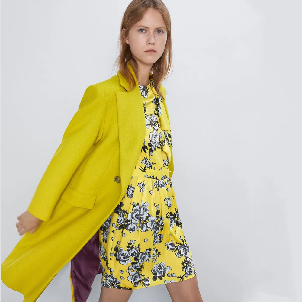 Женский костюм с юбкой ZA шерстяное двубортное пальто принтом и бантом желтый