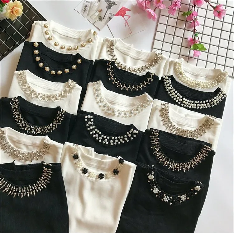 

New Fashion Women Summer Sleeveless Thin Sweater Round Neck Lady Beaded Rhinestone Pullover Tank Shirt Ice Silk Vest Tops