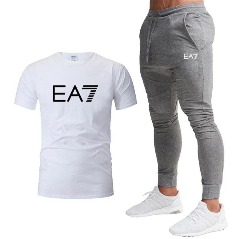 

Camiseta de manga corta y pantalones de verano para hombre, ropa deportiva de algodn puro para fitness, conjunto de 2 piezas