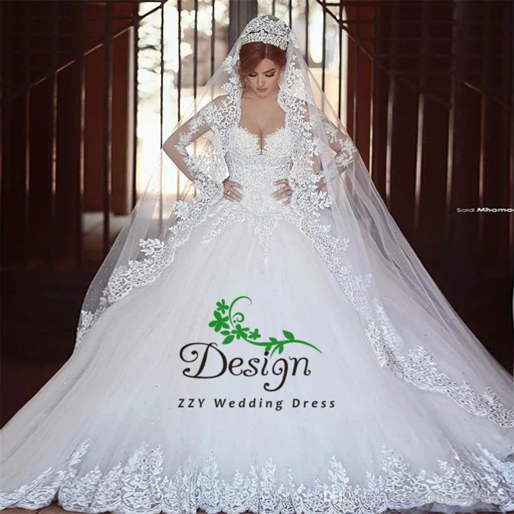 

Saidmhamad Lace Appliques Crystals Beading Deep V-Neck Ball Gown Wedding Dresses Chapel Train Amazing New Bridal Gowns