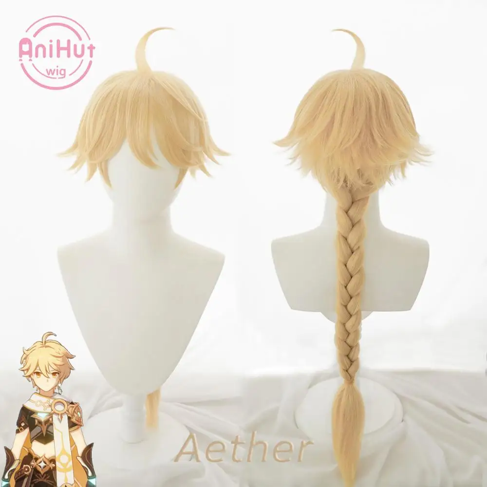 

【Anihut】Aether Косплэй парик Genshin воздействия путешественник Косплэй желтый Синтетический термостойкий парик волос эфир Хэллоуин Косплэй