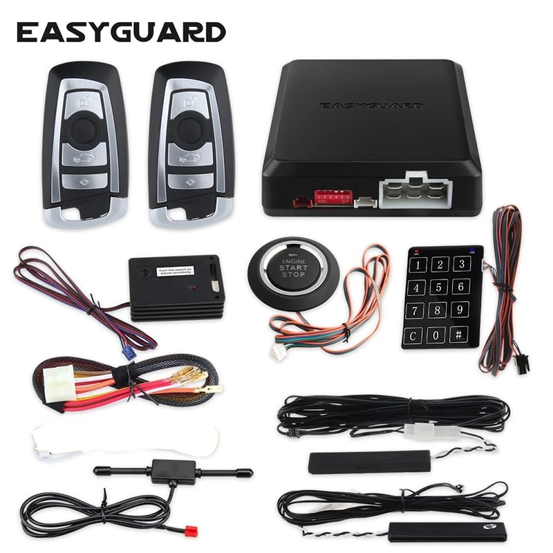 

EASYGUARD PKE Car Alarm System Hopping Code Remote Start Stop Push Start Button Touch Password Entry Shock Sensor Warning