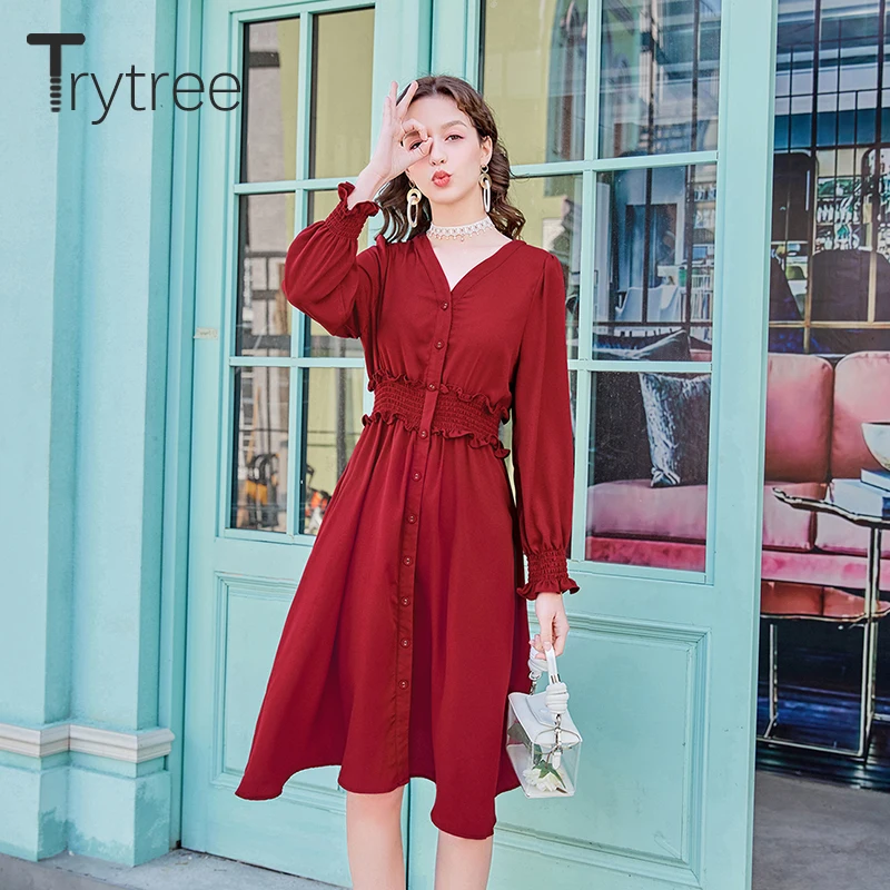 

Trytree Autumn Women Solid Dress Casual V-Neck Butterfly Sleeve Single-breasted Shirt Dresses Office Lady A-Line Mid-Calf Dress