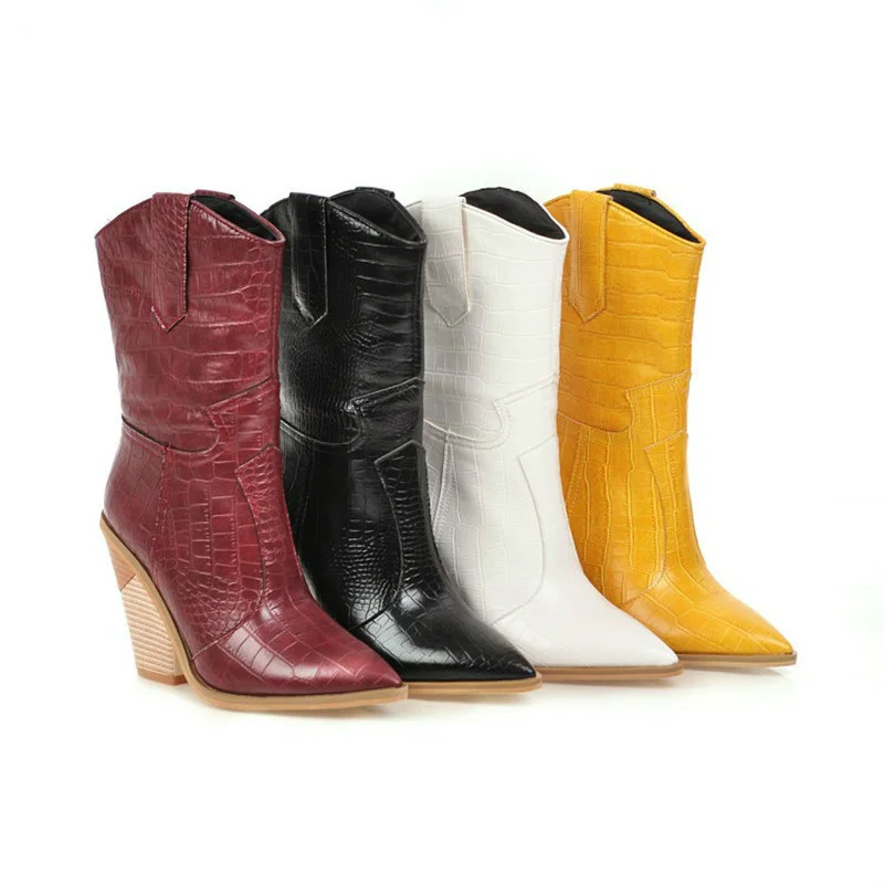 

White Black Yellow Faux Leather Cowboy Ankle Boots for Women Wedge High Heel Boots Chunky Snake Print Western Cowgirl Boots