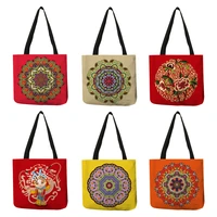 bright multi colored linen tote bag mandala floral wreath pattern handbag shopping bags portable travel beach decor accessory