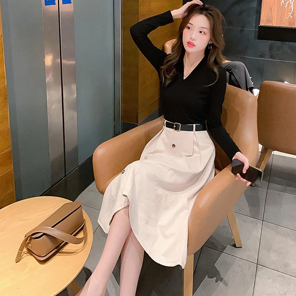 

2021 Office Lady Two Piece Set Winter Clothes Women Long Sleeve Knitted Sweater Tops Casual Midi Dress Professional Suit