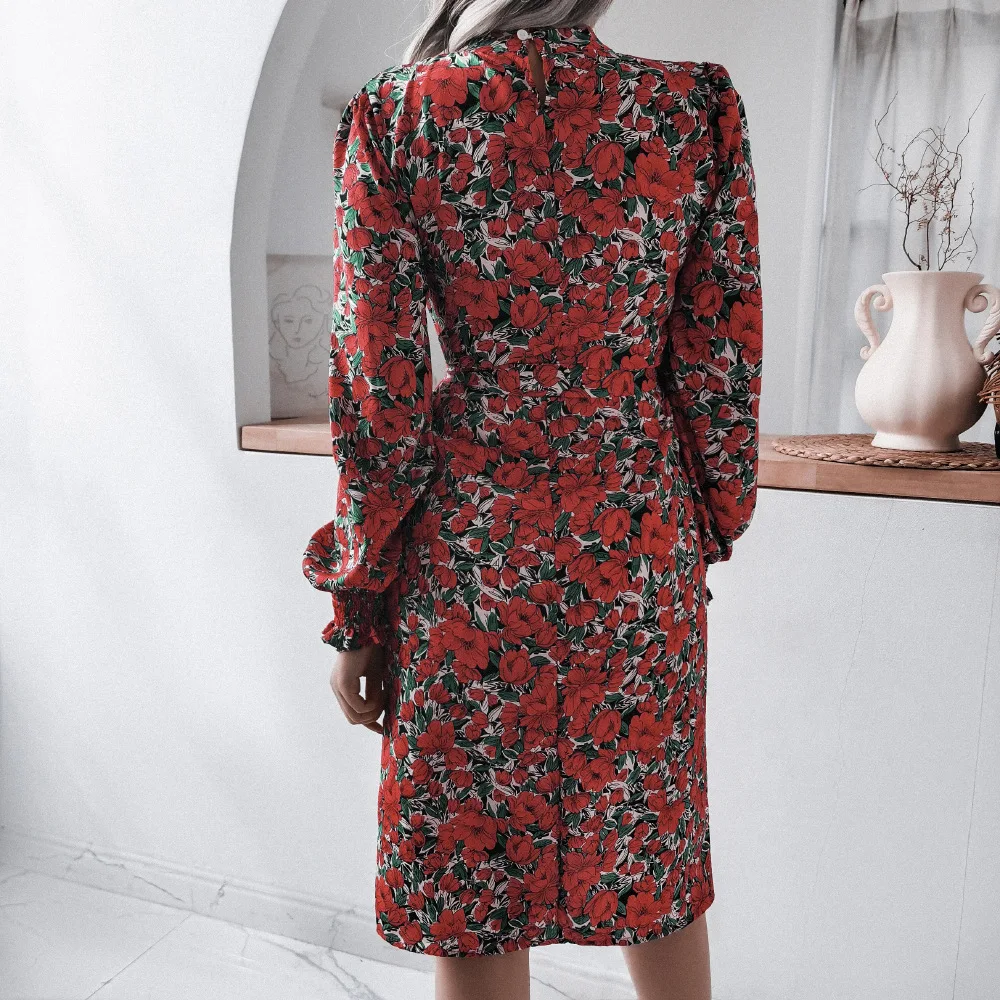 

Women Floral Print Stand Collar Dress 2020 Autumn Winter Elegant Long Lantern Sleeve Sashes Midi A Line Dress Party Vestidos