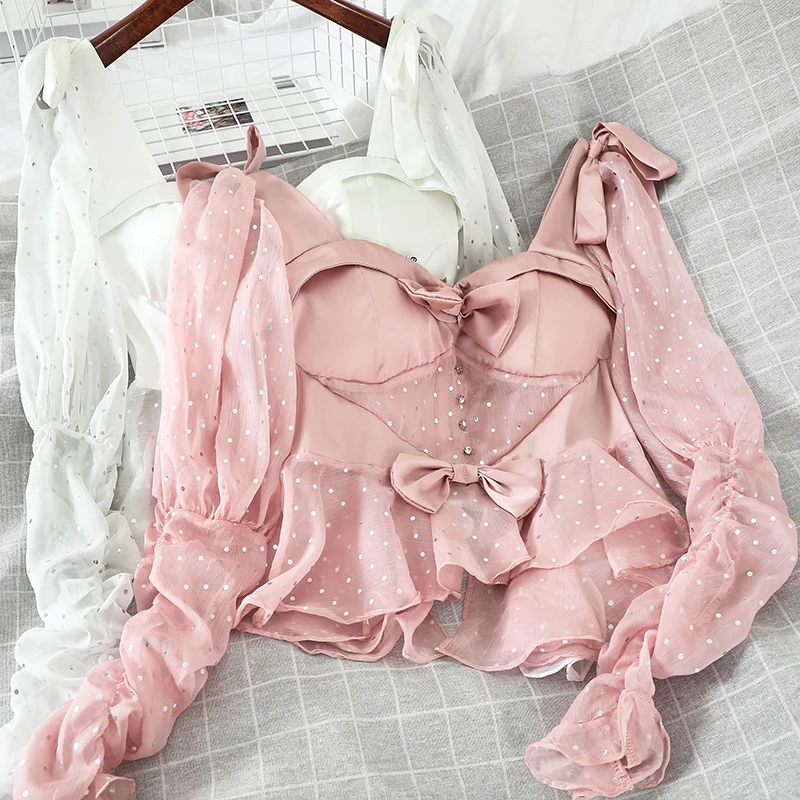 

2020 Spring Irregular Square Neck Bowknot Polka Dot Women Blouses Mesh Lantern Sleeve Perspective Sexy Shirt Crop Tops Blusas
