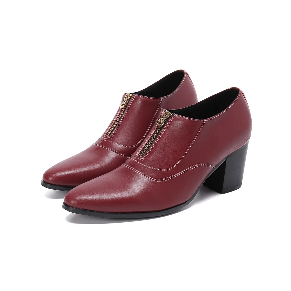 Elegant Italian Shoes Men Genuine Leather Wine Red Zip Male Weddding High Heels Oxfords Pointed Toe Burgundy Dress Suit Loafers