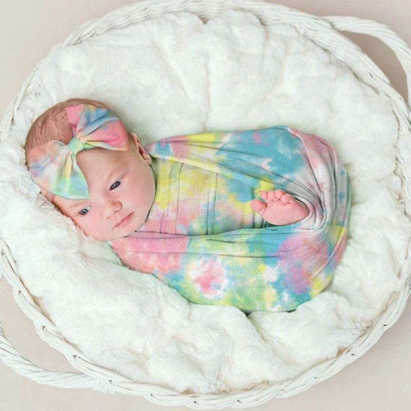 2 uds beb&eacute; gradiente impreso recibir manta cinta para cabeza de Swaddle diadema para el pelo diadema accesorios de fotograf&iacute;a reci&eacute;n nacido-2