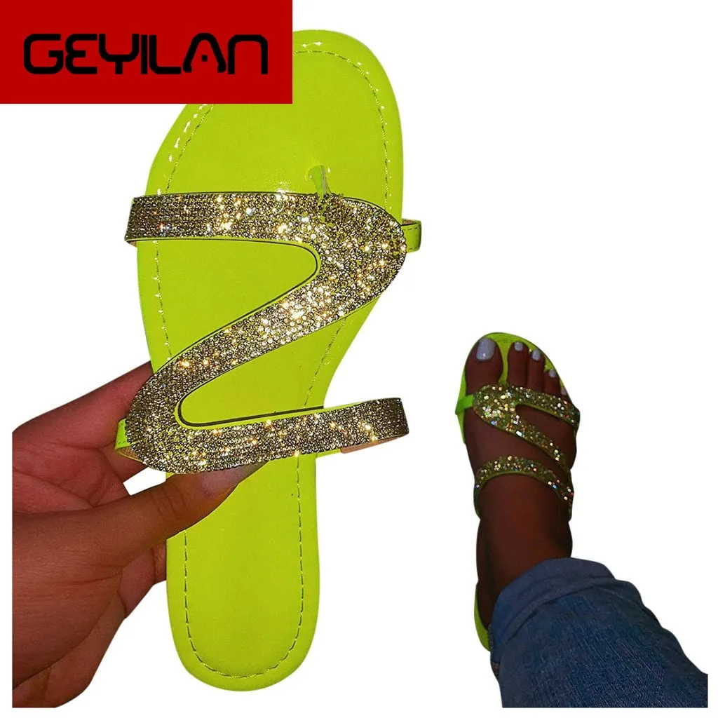 Стразы Женские шлепанцы для девочек Пляжная обувь в богемном стиле со стразами