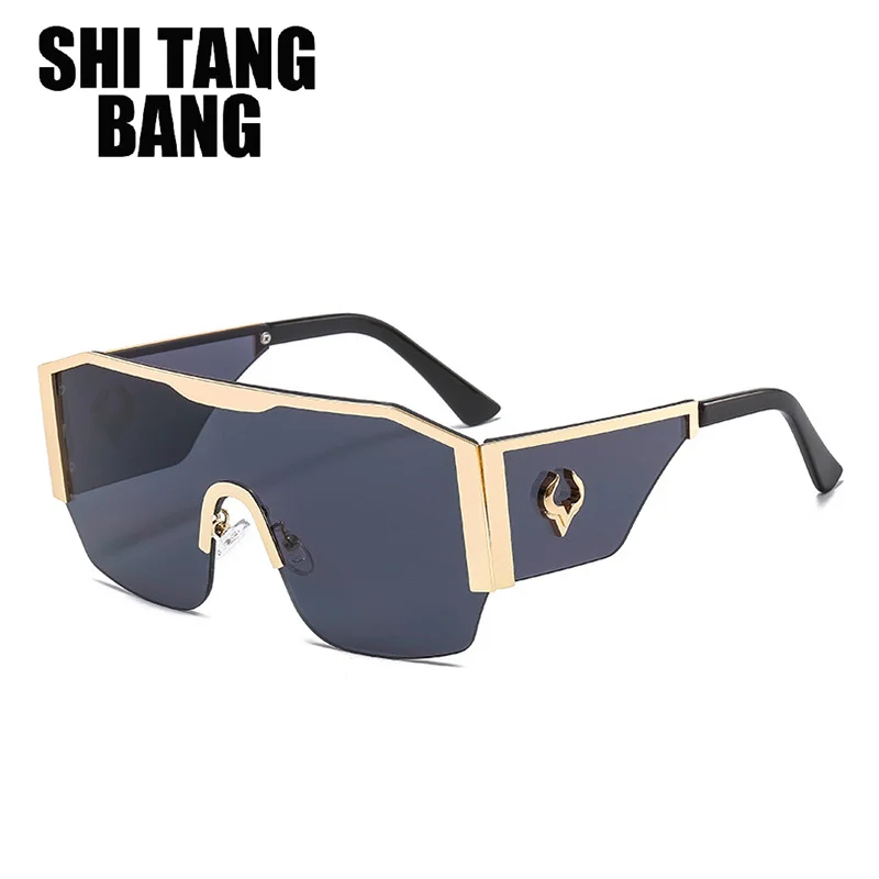 

New Fashion Women Luxury Designer Metal Square Glasses One Piece Sunglasses UV400 Eyeglasses Female Wide Leg Men Shade Eyewear