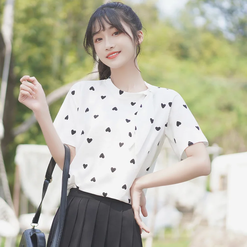 

Chic Khaki 2021 Summer New Korean Style Bow Heart Printing Short Sleeve T-shirt Female Student Pure Cotton Polka Dot Top