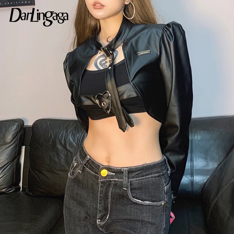 Куртка Darlingaga уличная женская из ПУ кожи Укороченный кардиган в стиле панк с