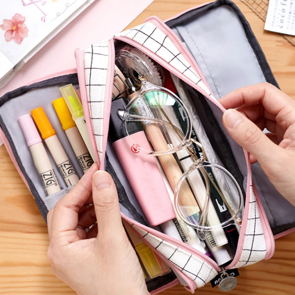 

Large Capacity Canvas Pencil Case Multi Layers Cosmetics Pouch Pencil Bag School Box Pen Holder Organizer Korean Stationery